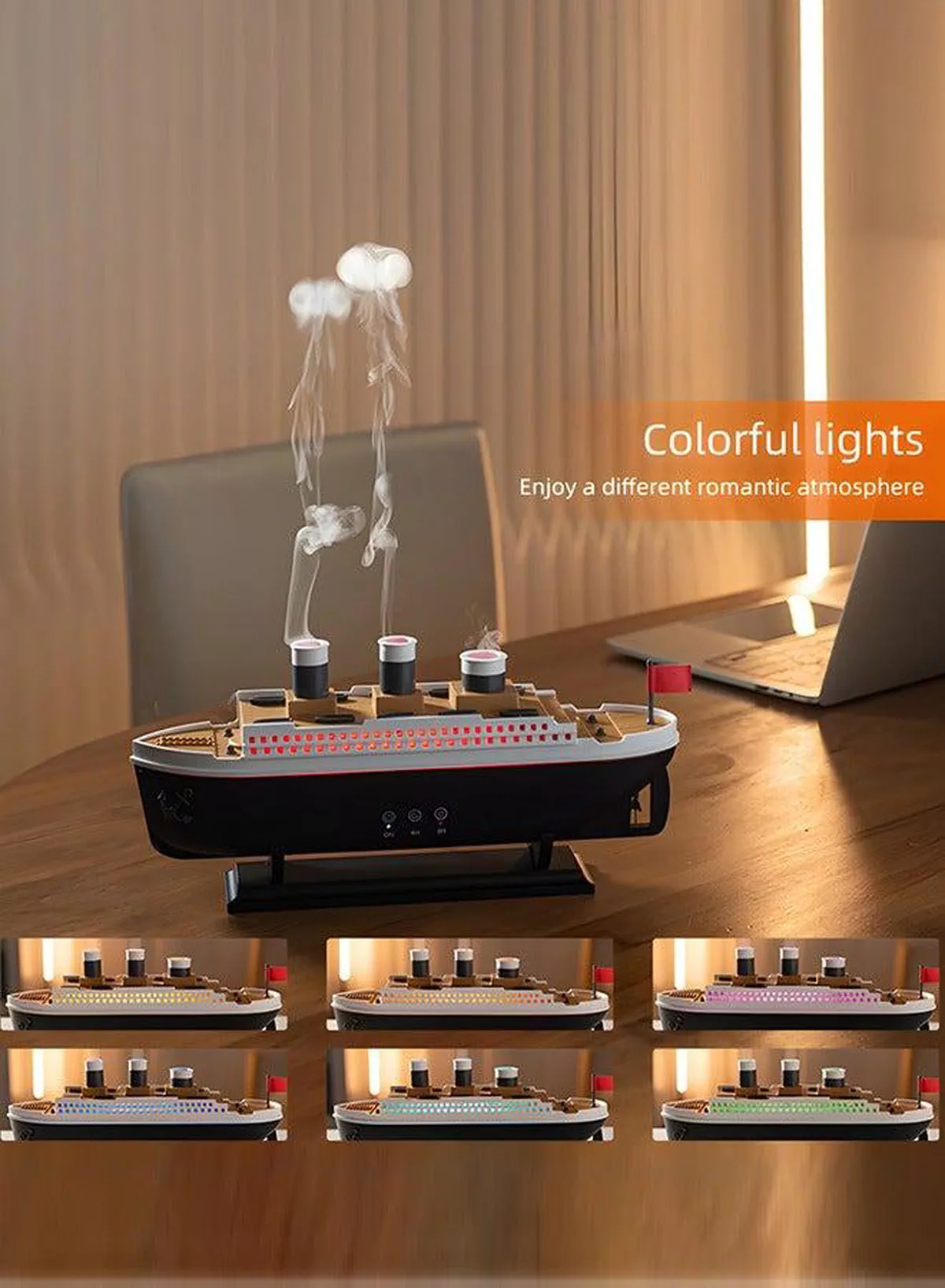 Titanic Ship Humidifier & Aromatherapy Diffuser, Ultrasonic Cool Mist Diffuser with Remote Control, Multi-Color LED Lights, Dual Mist Modes, Elegant Black Design for Home & Office (250ml)-2-2