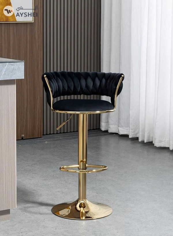 DubaiGallery Velvet Woven Bar Stools, Modern Height Adjustable Swivel Barstools Counter Chairs with Back & Golden Metal Base for Pub, Kitchen, Cafe