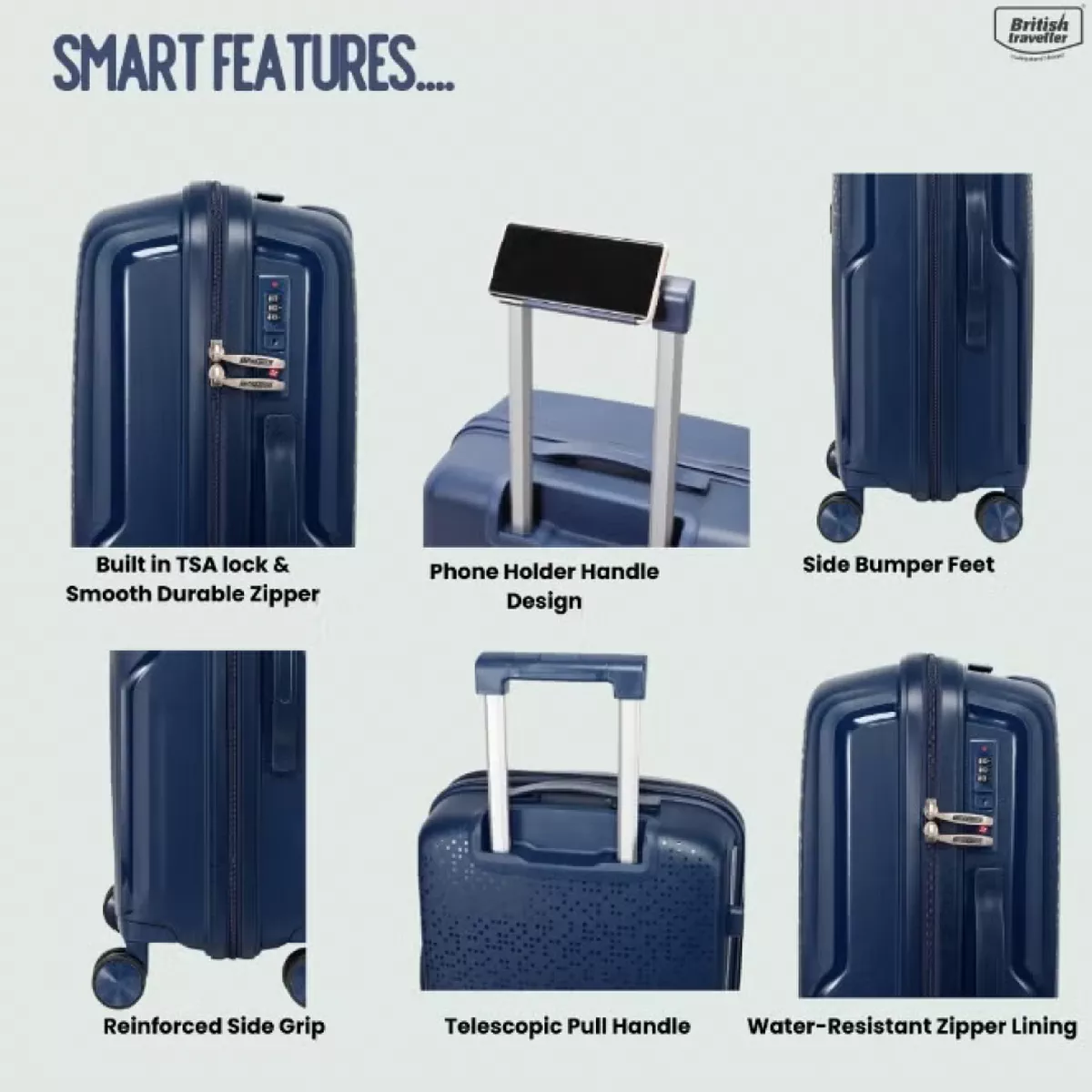 British Tourister 3 Piece Polyproplene Hard Side Spinner Luggage Trolley Set 20/24/28 Inch - Navy Blue-6-6