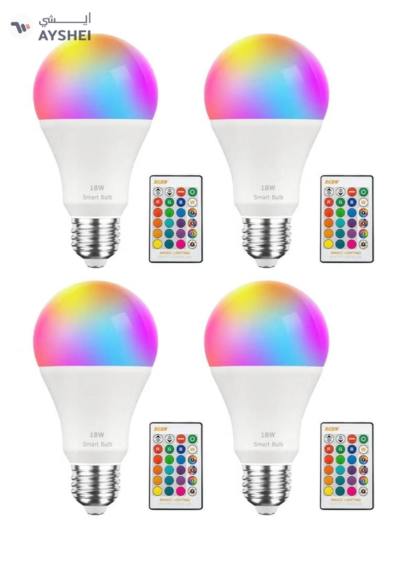 Yuwell 4Pcs RGBW Smart LED Light Bulb 24 Color Changing Bulb With Remote Control Smart Bulb With 16 Million Color Range E27-18W Bulb 50000 Hour Lifespan 2700K-6500K Color Temperature For Home Room Decoration