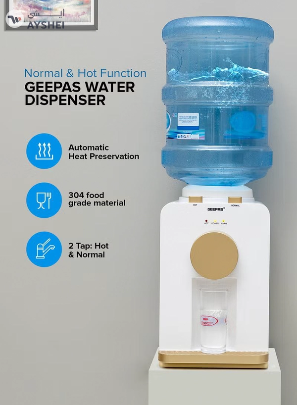 GEEPAS Hot & Normal Water Dispenser - Stainless Steel Tank Top Loading with 2 Taps Ideal for Home/Office/Shop & More GWD17032 White