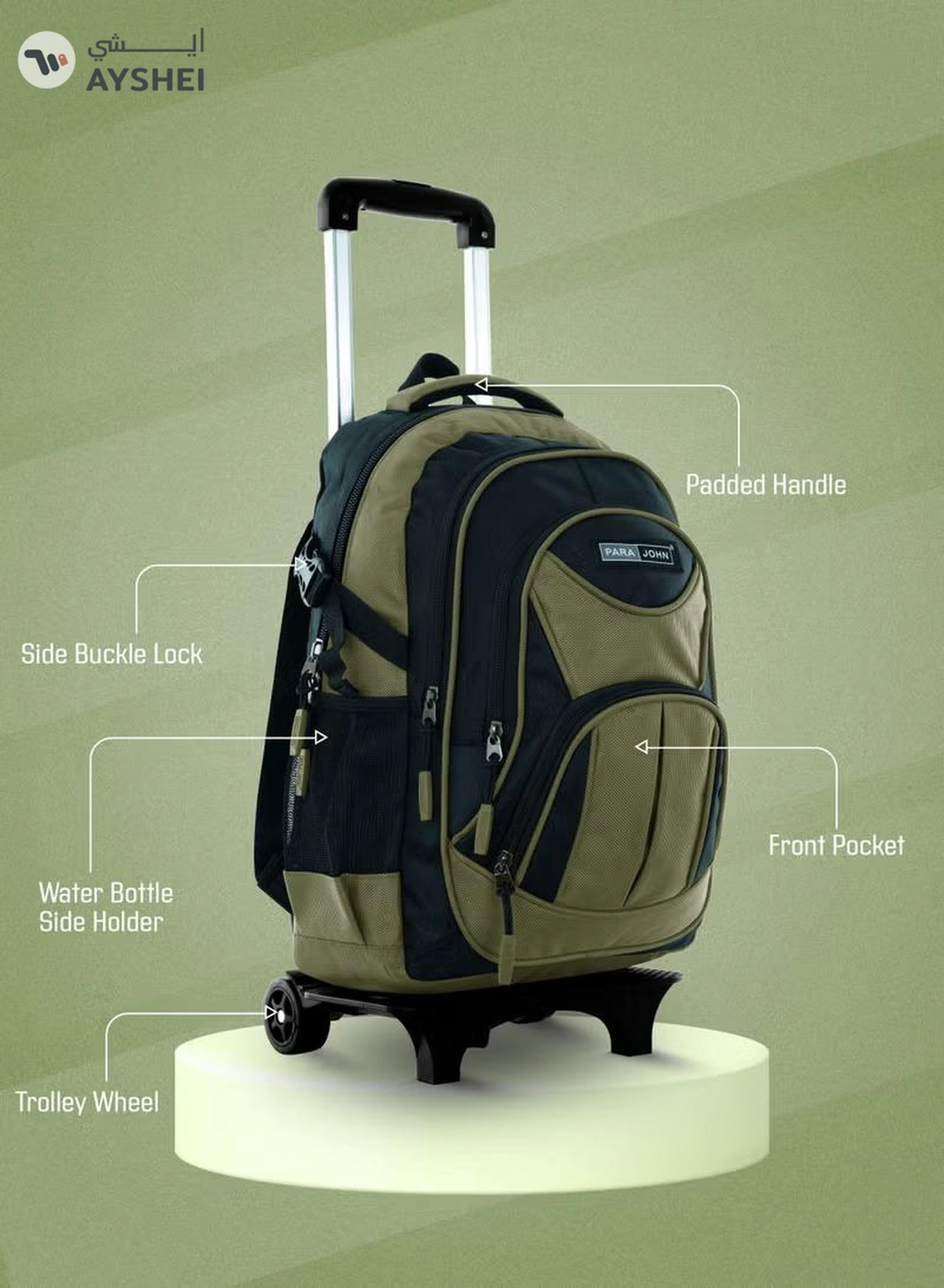 PARAJOHN 2 Wheel Trolley backpack 20 inches Green-2-2