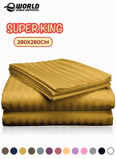 3 Piece Super King Gold Striped Bed Sheet Set – Ultra-Soft Microfiber Striped Sheet & 2 Pillowcases, Breathable Luxury Bedding for Home & Hotel Use-0