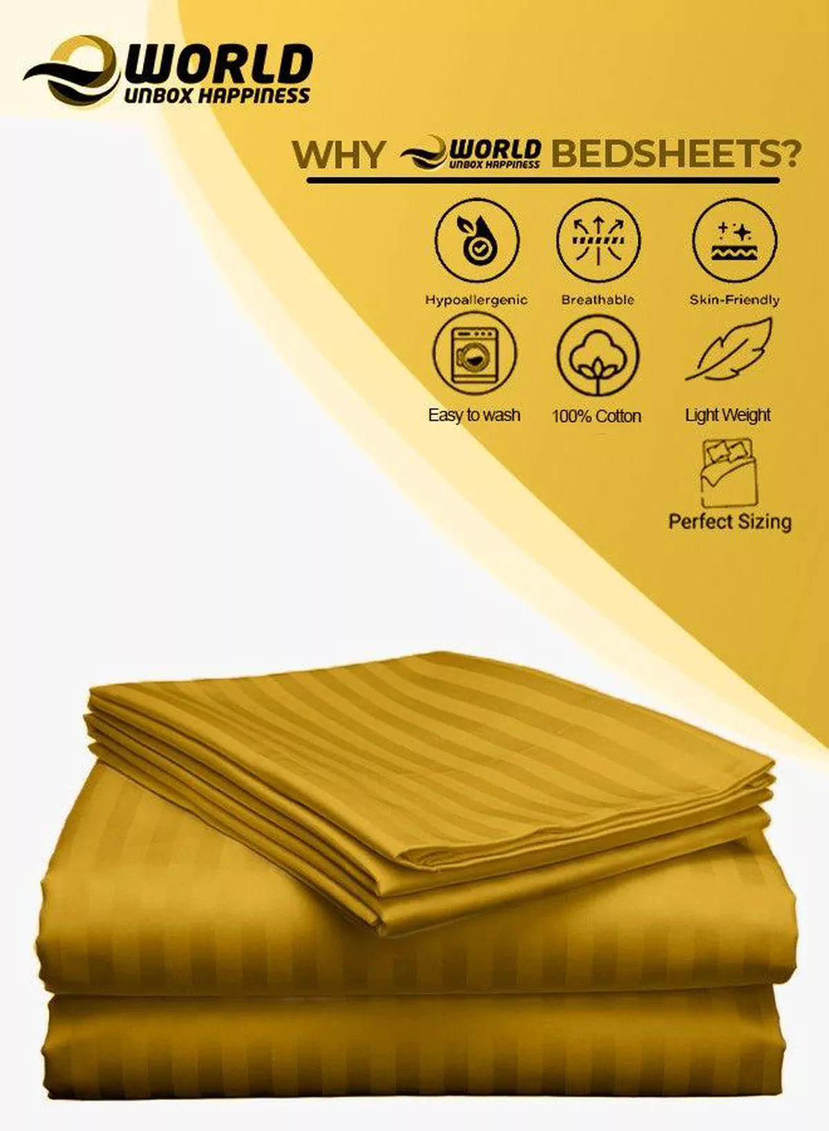 3 Piece Super King Gold Striped Bed Sheet Set – Ultra-Soft Microfiber Striped Sheet & 2 Pillowcases, Breathable Luxury Bedding for Home & Hotel Use-2-2