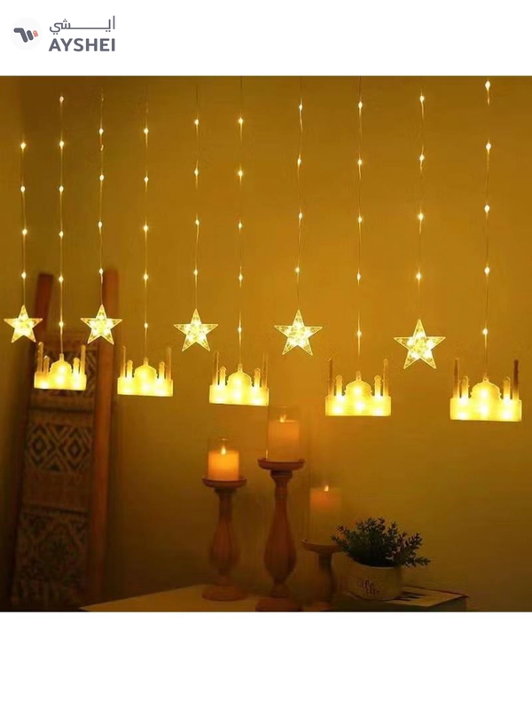 Yuwell 3.5M Ramadan Light For Home Decoration Multimode Operated Decorative Light Mosque And Star Design Curtain Ramadan Light Warm White