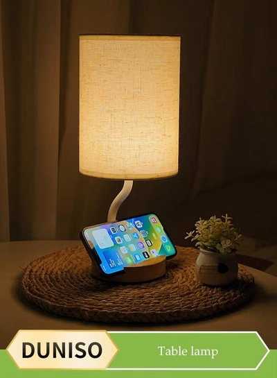 DUNISO Bedside table lamp, USB fabric bedroom lamp, multifunctional desk lamp with fabric lampshade, three color multi-level adjustable, with bracket, suitable for living room, study, bedroom and office-0