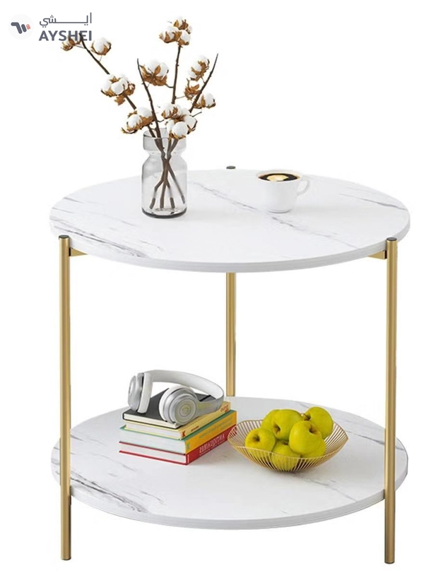 DubaiGallery Round Tea Table Living Room Coffee Tables Marble Texture Wooden Combination Furniture Durable Table