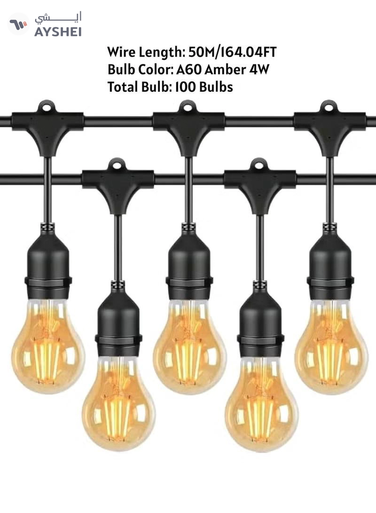 Yuwell Outdoor Waterproof IP65 Led String Lights E27 Holder 50 Meter Bulb Holder Wire With 100 Bulbs 4W A60 Amber With EU Plug Solar Bulb Holder For Ramadan Decoration Lights And Outdoor Decoration Light Hanging Light String Wire Ramadan Light For Commercial Patio Garden & Porch Yard-1-1