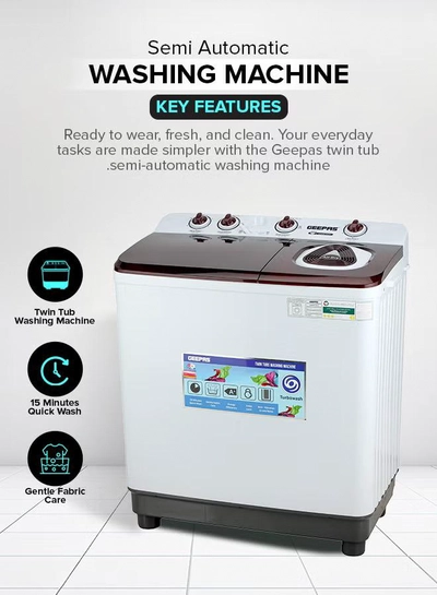 GEEPAS TwinTub Semi-Automatic 15 Kg Washing Machine | Top Load Semi Automatic Washing Machine Quick Turbo Wash |Transparent Top Lid | 15 kg 460 W GSWM18044 White/Grey/Meroon 15 kg 460 W GSWM18044 White/Grey/Meroon-0