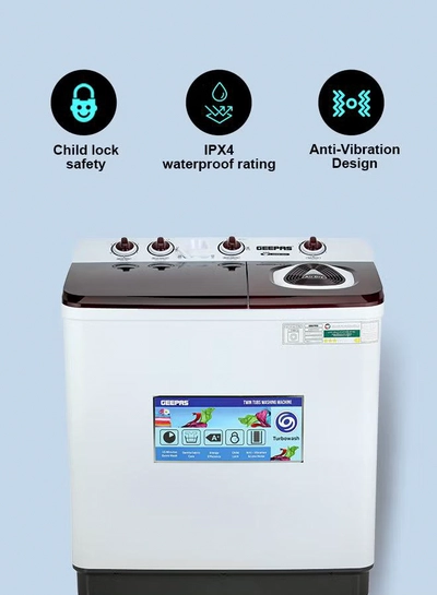 GEEPAS TwinTub Semi-Automatic 15 Kg Washing Machine | Top Load Semi Automatic Washing Machine Quick Turbo Wash |Transparent Top Lid | 15 kg 460 W GSWM18044 White/Grey/Meroon 15 kg 460 W GSWM18044 White/Grey/Meroon-2