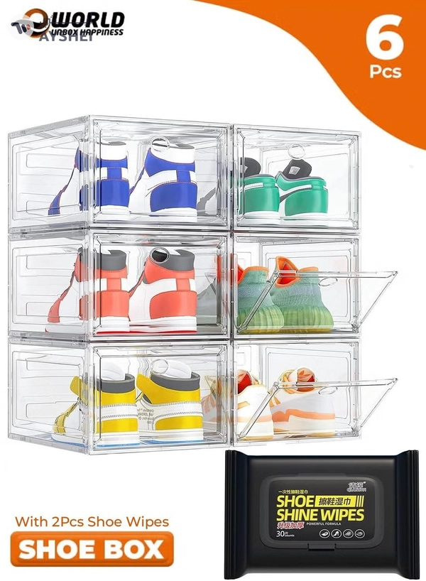 Eworld Set of 6 Clear Plastic Stackable Shoe Storage Boxes