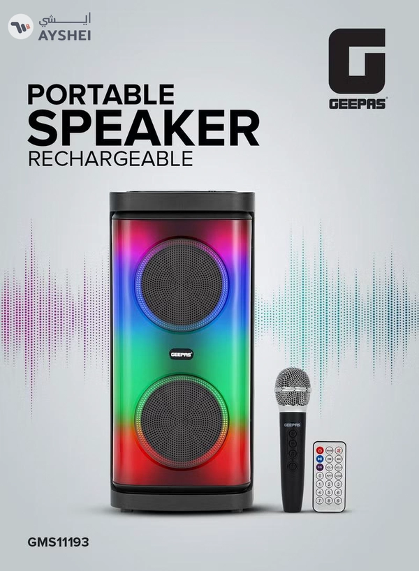 GEEPAS Rechargeable Portable Speaker| RGB Light, USB Input, TF, TWS, FM Radio, VHF Microphone, Bluetooth| 20000 W PMPO Speakers Unit, with Remote Control | Perfect for Parties, Events, Home Entertainment| 2 Years Warranty GMS11193 Black