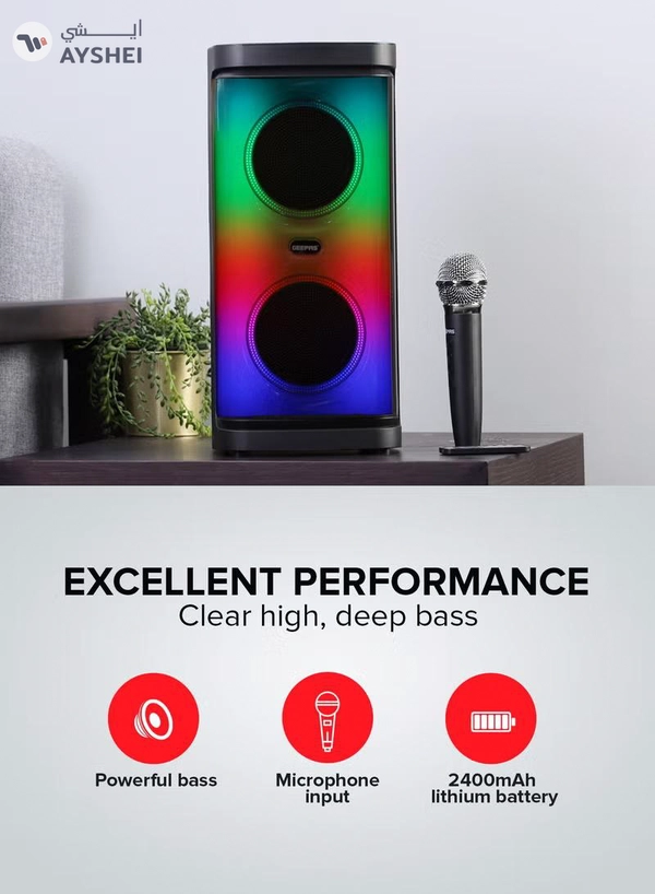 GEEPAS Rechargeable Portable Speaker| RGB Light, USB Input, TF, TWS, FM Radio, VHF Microphone, Bluetooth| 20000 W PMPO Speakers Unit, with Remote Control | Perfect for Parties, Events, Home Entertainment| 2 Years Warranty GMS11193 Black