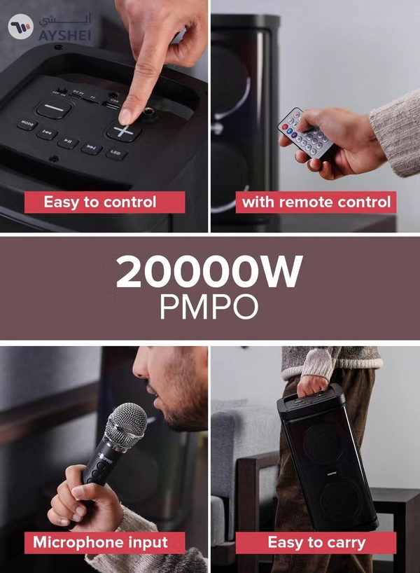 GEEPAS Rechargeable Portable Speaker| RGB Light, USB Input, TF, TWS, FM Radio, VHF Microphone, Bluetooth| 20000 W PMPO Speakers Unit, with Remote Control | Perfect for Parties, Events, Home Entertainment| 2 Years Warranty GMS11193 Black