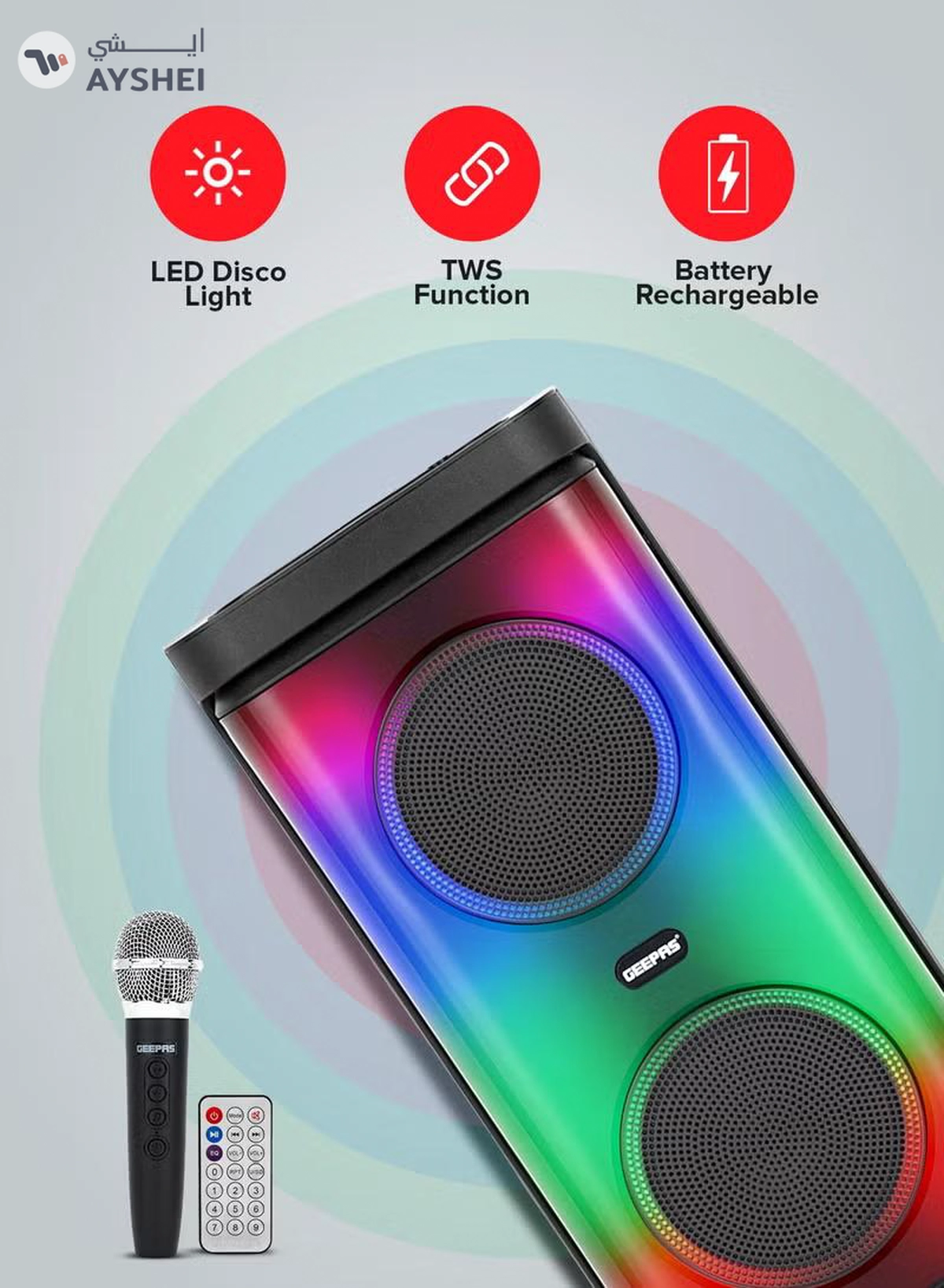 GEEPAS Rechargeable Portable Speaker| RGB Light, USB Input, TF, TWS, FM Radio, VHF Microphone, Bluetooth| 20000 W PMPO Speakers Unit, with Remote Control | Perfect for Parties, Events, Home Entertainment| 2 Years Warranty GMS11193 Black-6-6