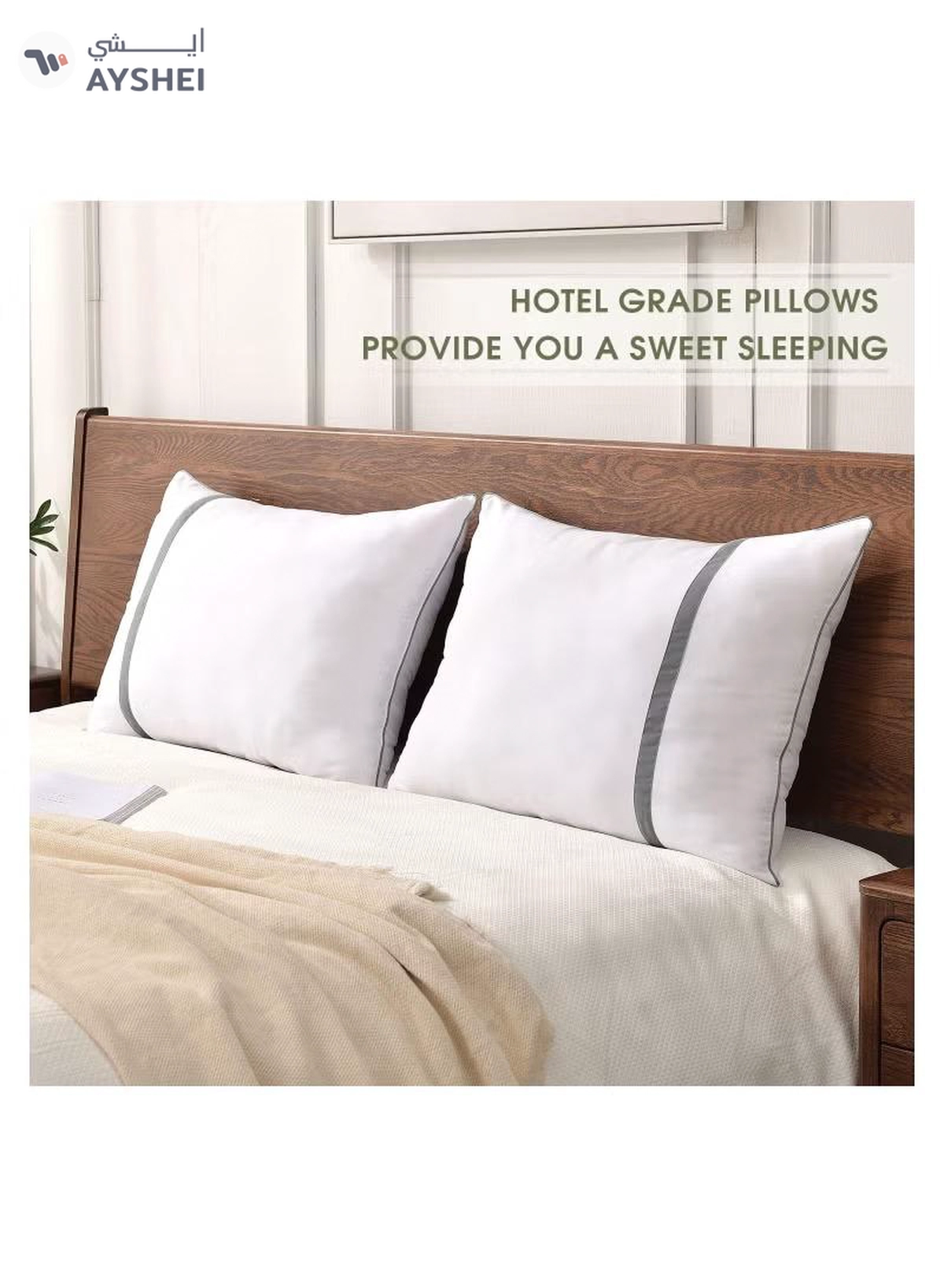 Eworld Set of 2 White Cotton Pillows with Plush Polyester Filling and 144 Thread Count-1-1