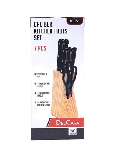 DELCASA 7-Piece Caliber Cutlery Set With Stand Brown/Black Chef Knife 1x7.5, Carving Knife 1x7-5