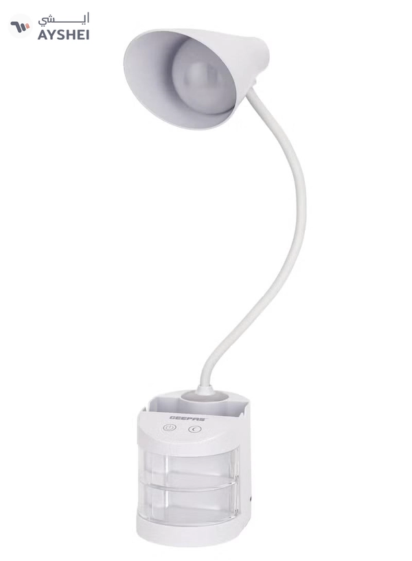 Geepas Rechargeable Reading Lamp| Table Light with Pencil Vase, Transparent Storage Box, Adjustable Silicone Tube| Lithium Battery/ Perfect for Home and Office | 2 Years Warranty, White GDL53039