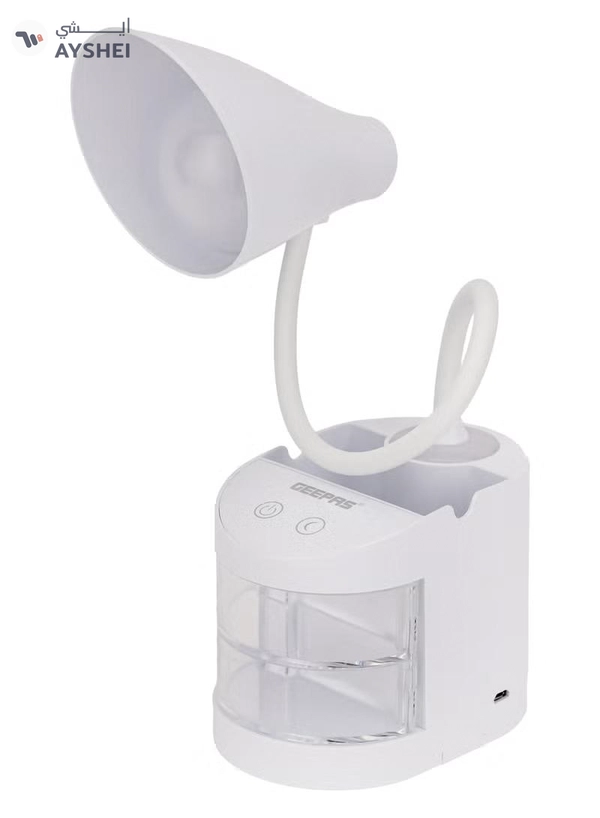 Geepas Rechargeable Reading Lamp| Table Light with Pencil Vase, Transparent Storage Box, Adjustable Silicone Tube| Lithium Battery/ Perfect for Home and Office | 2 Years Warranty, White GDL53039