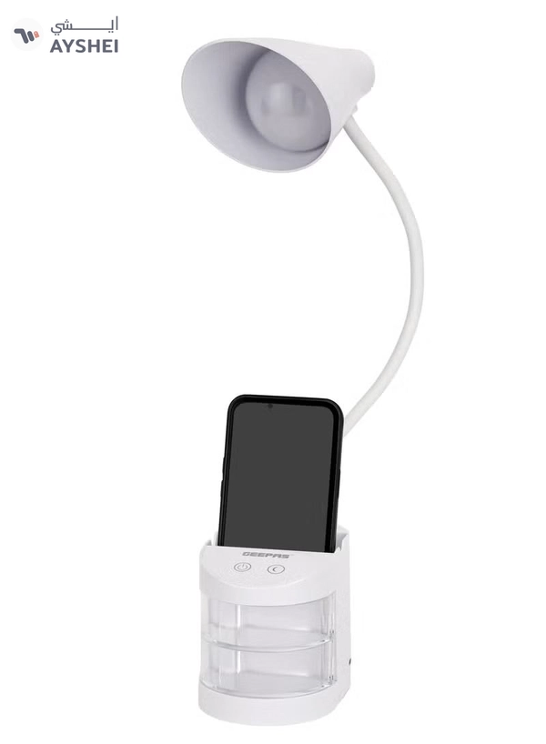 Geepas Rechargeable Reading Lamp| Table Light with Pencil Vase, Transparent Storage Box, Adjustable Silicone Tube| Lithium Battery/ Perfect for Home and Office | 2 Years Warranty, White GDL53039