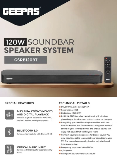 GEEPAS Portable SoundBar 120W | Bluetooth 5.0 | Optical & ARC Input | Connect To TV, Mobile, Laptop & More | GSRB120BT Black-3