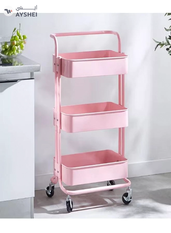 Roman Gifts 3 Tier Utility Rolling Storage Cart With Handles And Lockable Wheels Pink 43x36x86.5cm