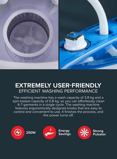 Olsenmark Semi Automatic Washing Machine with Spin Dryer, 3.8 KG, Equipped with Strong Pulsator and Extra Spinning Tub, Less Water and Noise, 250 W OMSWM5505 White/Blue-1