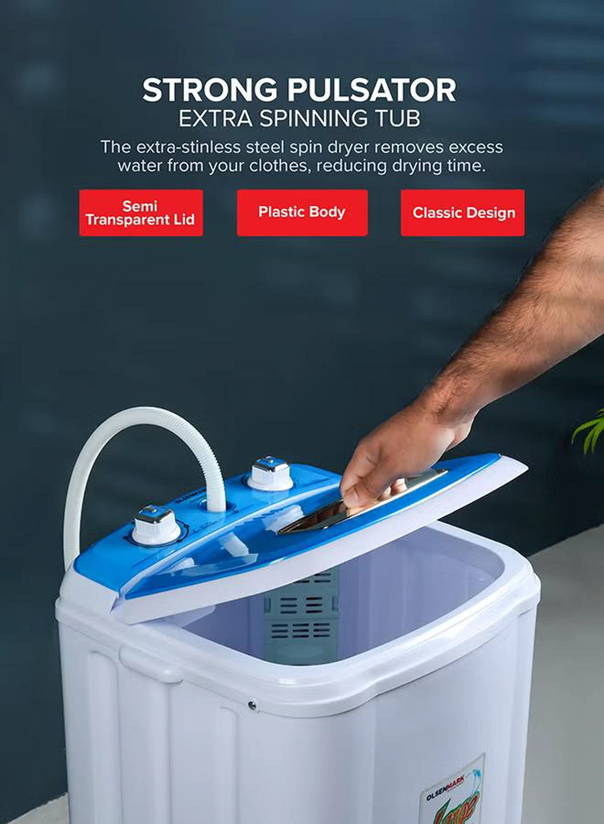Olsenmark Semi Automatic Washing Machine with Spin Dryer, 3.8 KG, Equipped with Strong Pulsator and Extra Spinning Tub, Less Water and Noise, 250 W OMSWM5505 White/Blue-7-7
