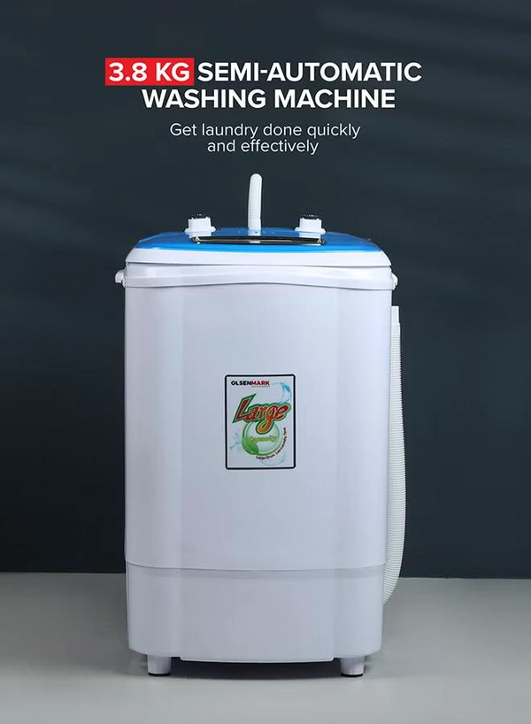 Olsenmark Semi Automatic Washing Machine with Spin Dryer, 3.8 KG, Equipped with Strong Pulsator and Extra Spinning Tub, Less Water and Noise, 250 W OMSWM5505 White/Blue