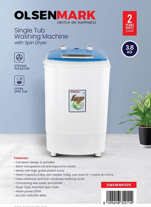 Olsenmark Semi Automatic Washing Machine with Spin Dryer, 3.8 KG, Equipped with Strong Pulsator and Extra Spinning Tub, Less Water and Noise, 250 W OMSWM5505 White/Blue