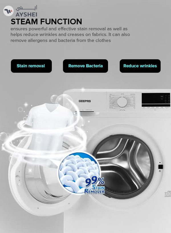 GEEPAS 6 KG Front Load Fully Automatic Smart Washing Machine| With Drum Cleaning Function, Smart Weight Function, Stainless Steel Drum, Steam Function, Quick Wash| Child Lock 6 kg 6 kg GWMF6210LCR White