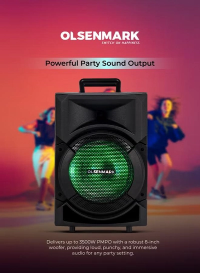 Olsenmark Portable Party Speaker System With 3500W PMPO, Wireless Mic, Remote Control, Bluetooth Connectivity, Recording Functions, Rechargeable Battery, LED Lights 8" Woofer & Supports USB, TF, TWS, FM OMMS1178 Black-3