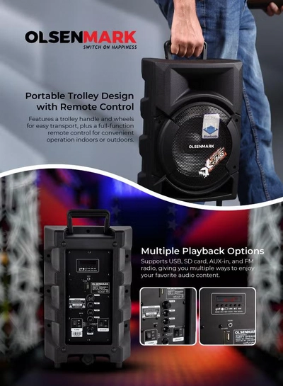 Olsenmark Portable Party Speaker System With 3500W PMPO, Wireless Mic, Remote Control, Bluetooth Connectivity, Recording Functions, Rechargeable Battery, LED Lights 8" Woofer & Supports USB, TF, TWS, FM OMMS1178 Black-4