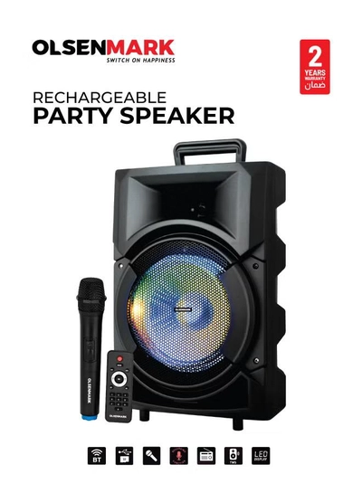 Olsenmark Portable Party Speaker System With 3500W PMPO, Wireless Mic, Remote Control, Bluetooth Connectivity, Recording Functions, Rechargeable Battery, LED Lights 8" Woofer & Supports USB, TF, TWS, FM OMMS1178 Black-0