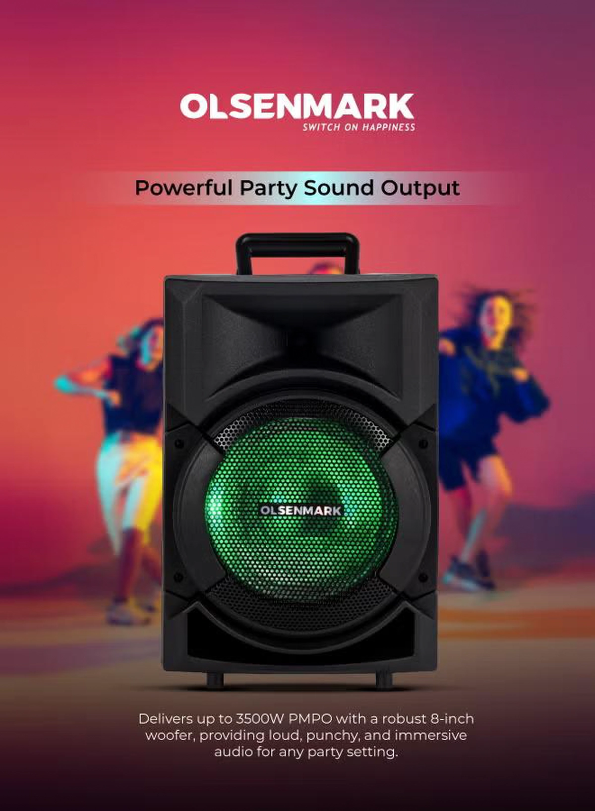 Olsenmark Portable Party Speaker System With 3500W PMPO, Wireless Mic, Remote Control, Bluetooth Connectivity, Recording Functions, Rechargeable Battery, LED Lights 8" Woofer & Supports USB, TF, TWS, FM OMMS1178 Black-3-3