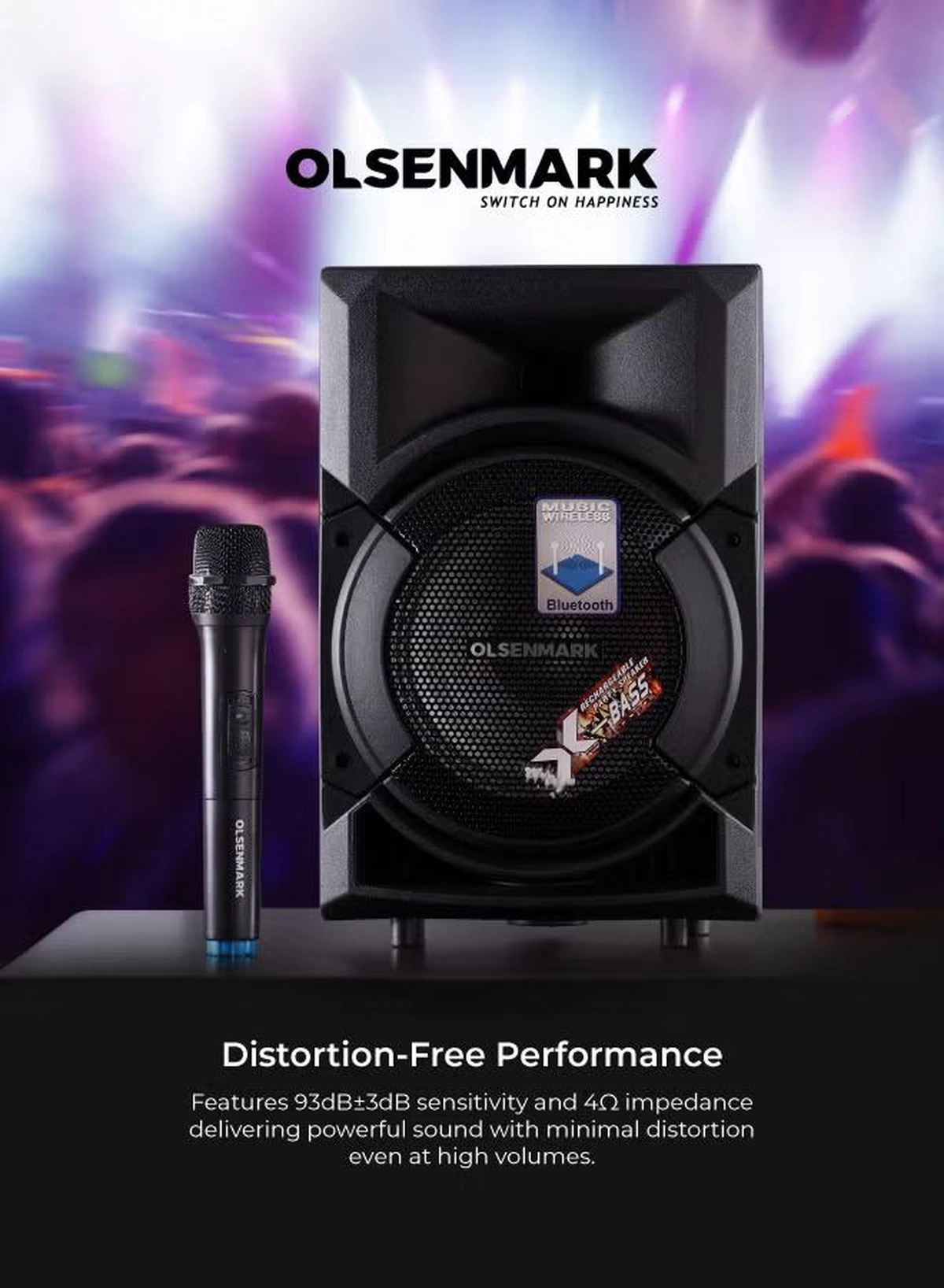 Olsenmark Portable Party Speaker System With 3500W PMPO, Wireless Mic, Remote Control, Bluetooth Connectivity, Recording Functions, Rechargeable Battery, LED Lights 8" Woofer & Supports USB, TF, TWS, FM OMMS1178 Black-2-2