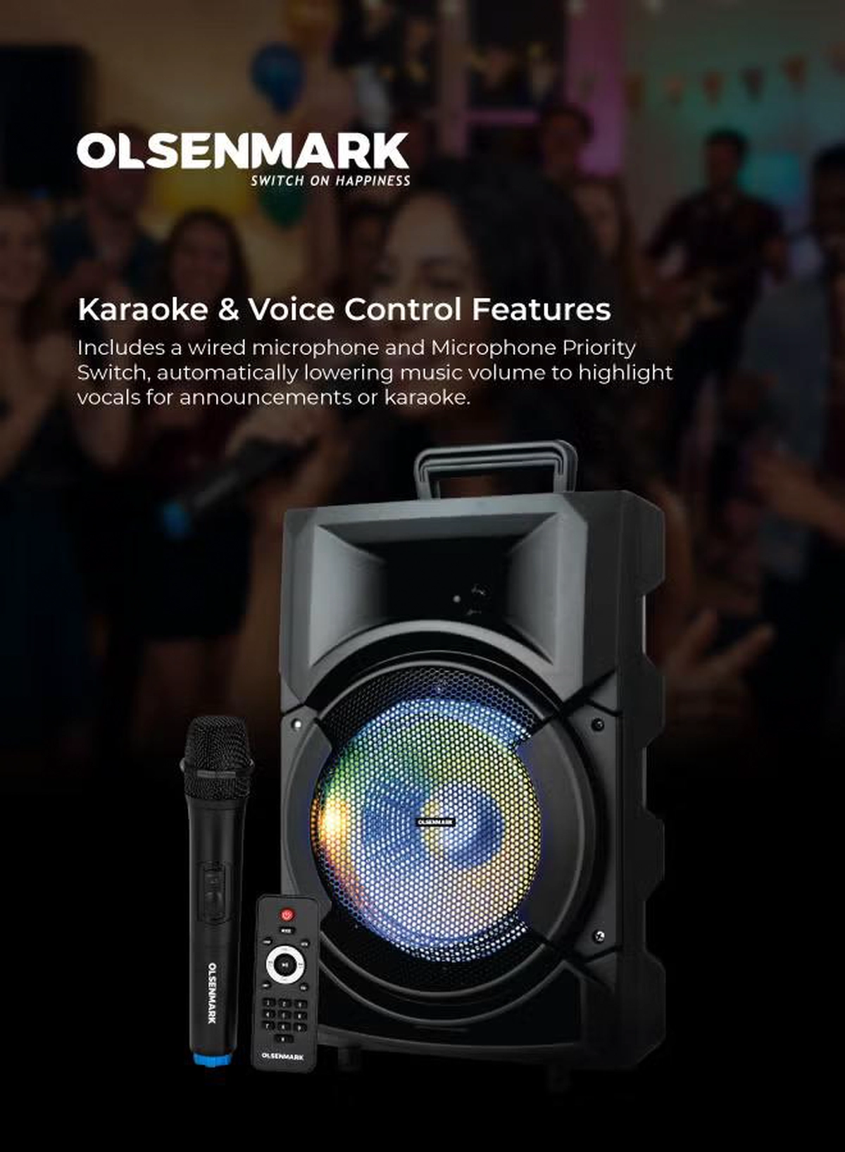 Olsenmark Portable Party Speaker System With 3500W PMPO, Wireless Mic, Remote Control, Bluetooth Connectivity, Recording Functions, Rechargeable Battery, LED Lights 8" Woofer & Supports USB, TF, TWS, FM OMMS1178 Black-1-1
