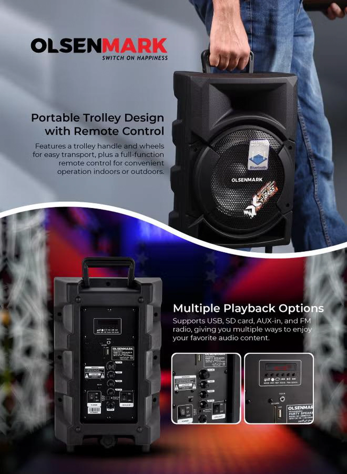 Olsenmark Portable Party Speaker System With 3500W PMPO, Wireless Mic, Remote Control, Bluetooth Connectivity, Recording Functions, Rechargeable Battery, LED Lights 8" Woofer & Supports USB, TF, TWS, FM OMMS1178 Black-4-4