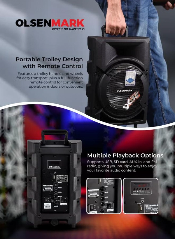 Olsenmark Portable Party Speaker System With 3500W PMPO, Wireless Mic, Remote Control, Bluetooth Connectivity, Recording Functions, Rechargeable Battery, LED Lights 8" Woofer & Supports USB, TF, TWS, FM OMMS1178 Black