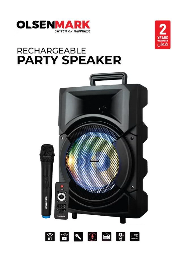 Olsenmark Portable Party Speaker System With 3500W PMPO, Wireless Mic, Remote Control, Bluetooth Connectivity, Recording Functions, Rechargeable Battery, LED Lights 8" Woofer & Supports USB, TF, TWS, FM OMMS1178 Black