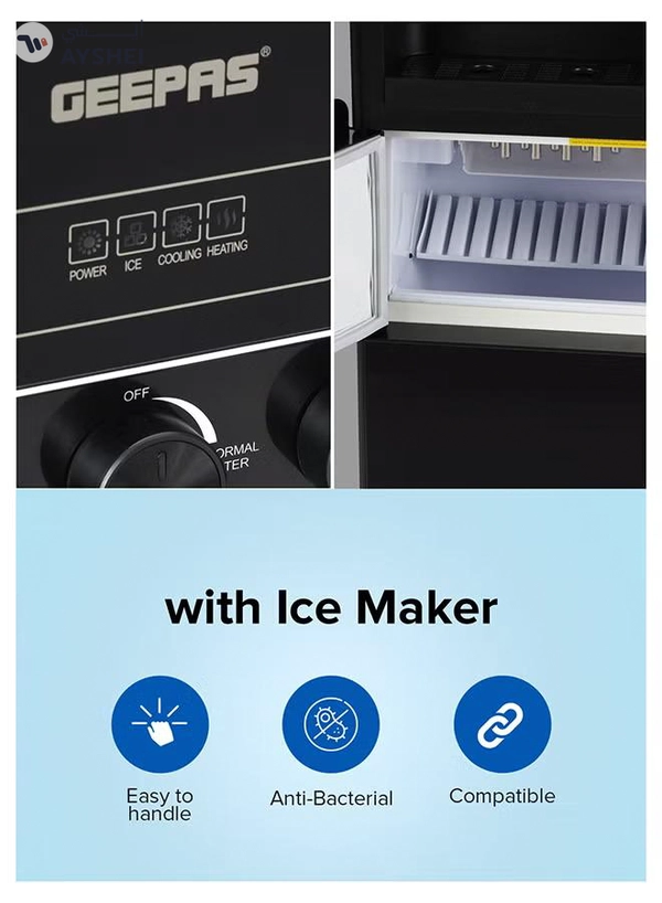 GEEPAS Water Dispenser with Ice Maker | 3 Taps Hot, Cold & Normal 630 W | 2-in-1 Function, 10kg Ice Capacity | Stainless Steel Tank, Child Lock | GIM17042 Black GIM17042 Black