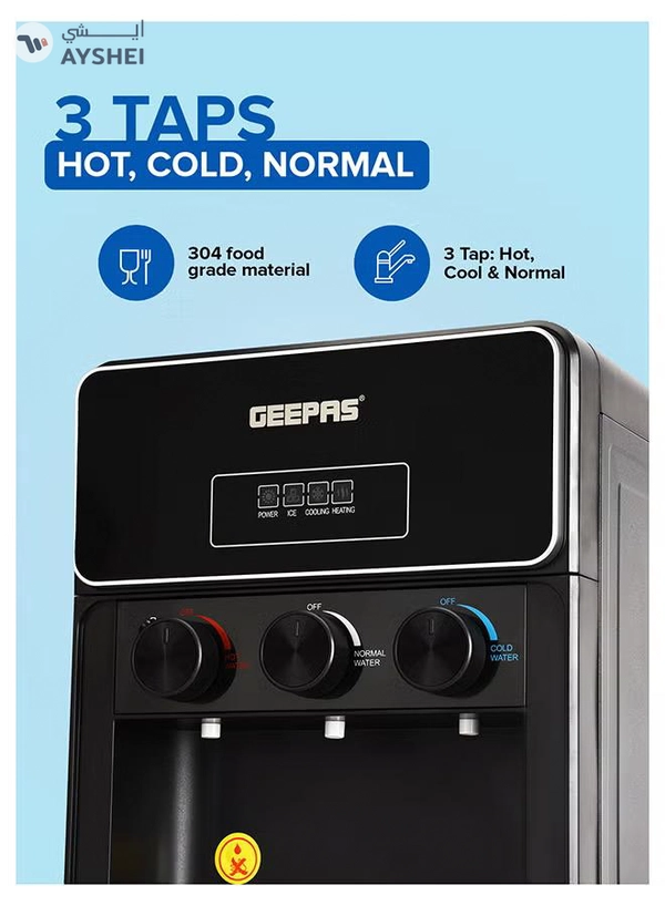 GEEPAS Water Dispenser with Ice Maker | 3 Taps Hot, Cold & Normal 630 W | 2-in-1 Function, 10kg Ice Capacity | Stainless Steel Tank, Child Lock | GIM17042 Black GIM17042 Black