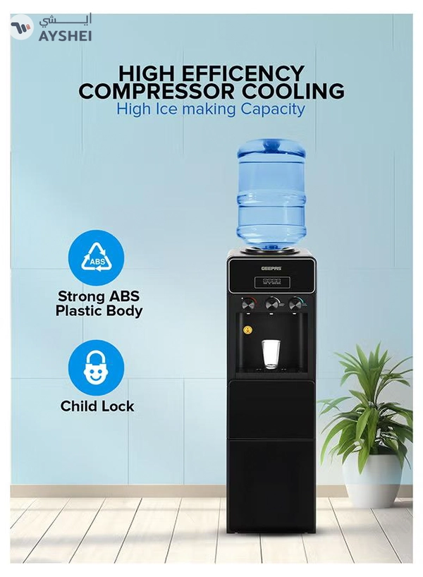 GEEPAS Water Dispenser with Ice Maker | 3 Taps Hot, Cold & Normal 630 W | 2-in-1 Function, 10kg Ice Capacity | Stainless Steel Tank, Child Lock | GIM17042 Black GIM17042 Black