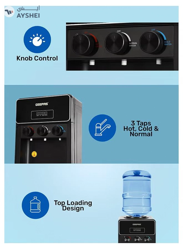 GEEPAS Water Dispenser with Ice Maker | 3 Taps Hot, Cold & Normal 630 W | 2-in-1 Function, 10kg Ice Capacity | Stainless Steel Tank, Child Lock | GIM17042 Black GIM17042 Black