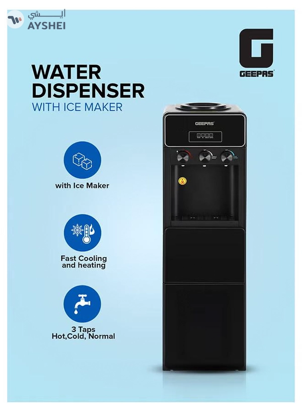 GEEPAS Water Dispenser with Ice Maker | 3 Taps Hot, Cold & Normal 630 W | 2-in-1 Function, 10kg Ice Capacity | Stainless Steel Tank, Child Lock | GIM17042 Black GIM17042 Black