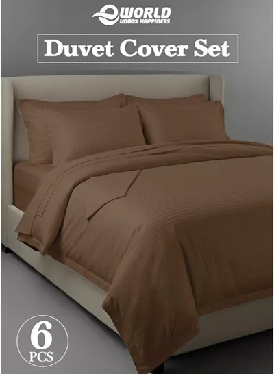 Premium Striped Duvet Set All Season – 6-Pieces Set Brown | King Size 220x240 cm | Ultra-Soft, Wrinkle-Resistant & Made in Dubai | Includes Duvet Cover, Fitted Sheet (200x200 cm) & 4 Pillowcases (50x70 cm)-0