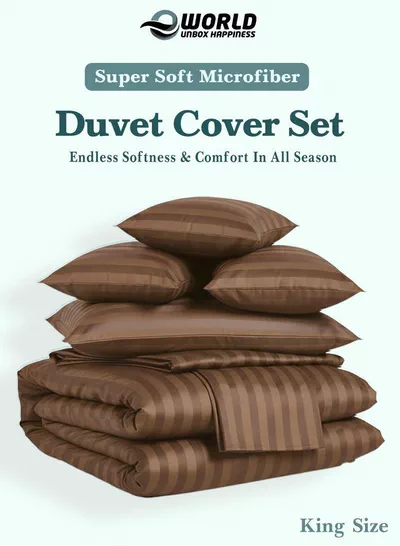 Premium Striped Duvet Set All Season – 6-Pieces Set Brown | King Size 220x240 cm | Ultra-Soft, Wrinkle-Resistant & Made in Dubai | Includes Duvet Cover, Fitted Sheet (200x200 cm) & 4 Pillowcases (50x70 cm)-2