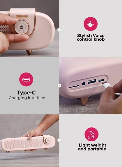 GEEPAS Portable Stylish Bluetooth Speaker | 6 Hours Playtime, Stereo Surround Sound, TF/USB/AUX Support | Type-C Charging, Compact Design GMS11198 | Pink pink-1