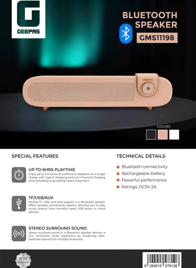 GEEPAS Portable Stylish Bluetooth Speaker | 6 Hours Playtime, Stereo Surround Sound, TF/USB/AUX Support | Type-C Charging, Compact Design GMS11198 | Pink pink-2