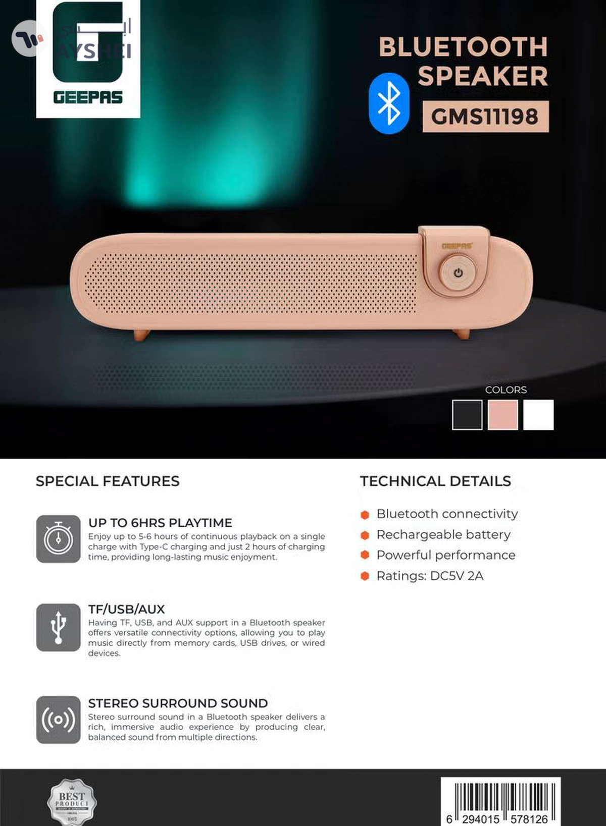 GEEPAS Portable Stylish Bluetooth Speaker | 6 Hours Playtime, Stereo Surround Sound, TF/USB/AUX Support | Type-C Charging, Compact Design GMS11198 | Pink pink-2-2